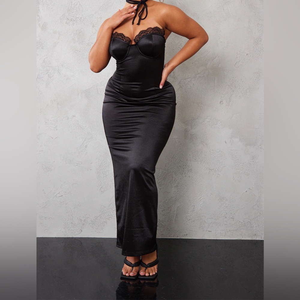 PrettyLittleThing Black Satin Lace Trim Tie Back Maxi Dress